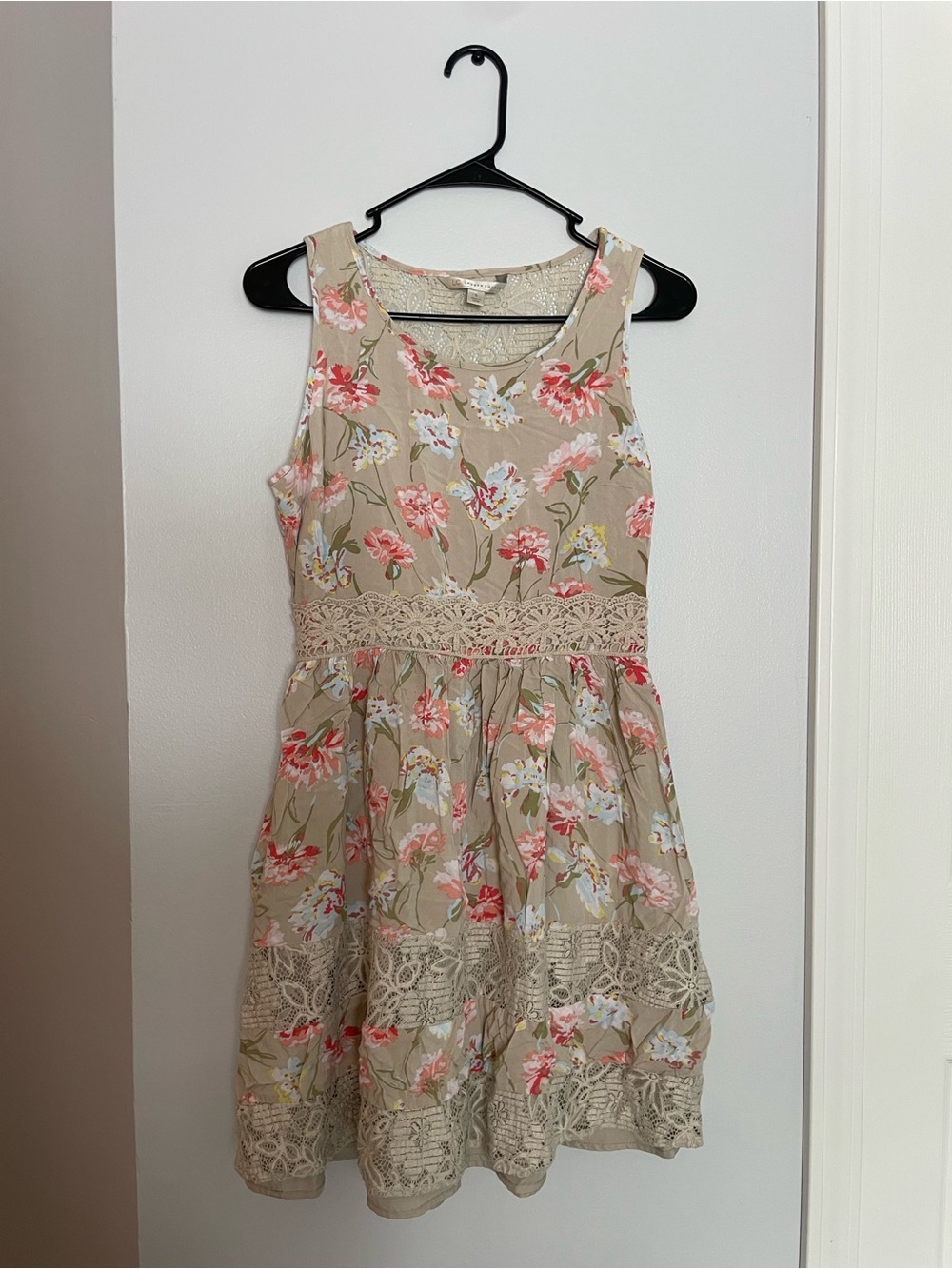 LC Lauren Conrad Beige Floral Midi Dress with Pink Accents